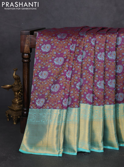 Pure kanchipuram silk saree purple and teal blue with allover thread woven brocade weaves and long zari woven border