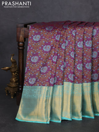 Pure kanchipuram silk saree purple and teal blue with allover thread woven brocade weaves and long zari woven border
