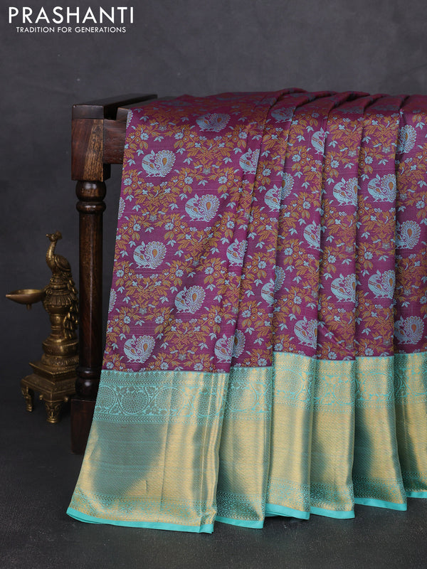 Pure kanchipuram silk saree purple and teal blue with allover thread woven brocade weaves and long zari woven border