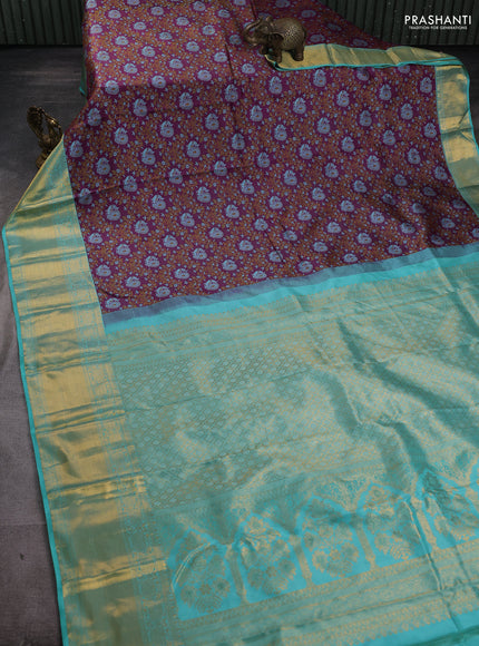 Pure kanchipuram silk saree purple and teal blue with allover thread woven brocade weaves and long zari woven border