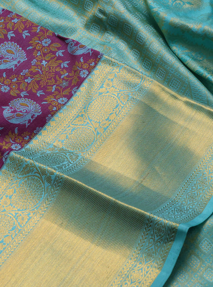 Pure kanchipuram silk saree purple and teal blue with allover thread woven brocade weaves and long zari woven border