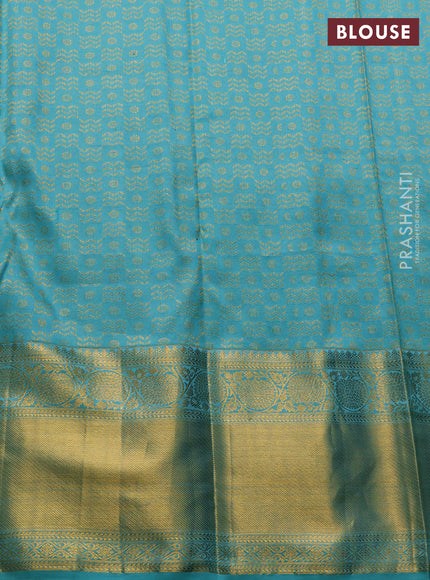 Pure kanchipuram silk saree purple and teal blue with allover thread woven brocade weaves and long zari woven border