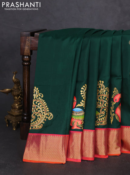 Pure kanchipuram silk saree green and dual shade of pinkish orange with zari woven buttas & kalamkari tanjore paints and zari woven border