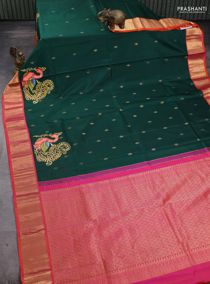 Pure kanchipuram silk saree green and dual shade of pinkish orange with zari woven buttas & kalamkari tanjore paints and zari woven border