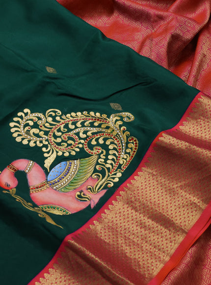Pure kanchipuram silk saree green and dual shade of pinkish orange with zari woven buttas & kalamkari tanjore paints and zari woven border