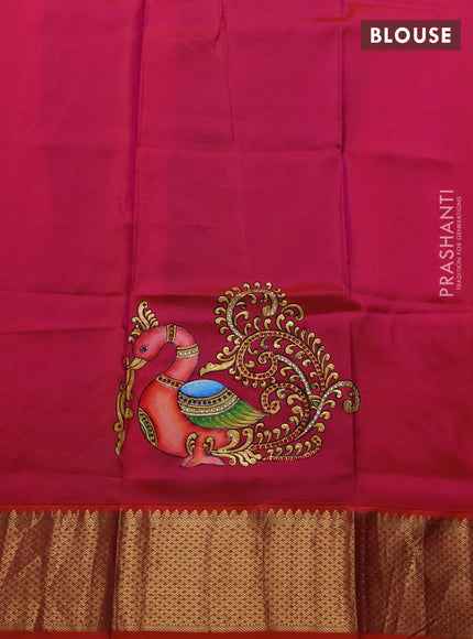 Pure kanchipuram silk saree green and dual shade of pinkish orange with zari woven buttas & kalamkari tanjore paints and zari woven border
