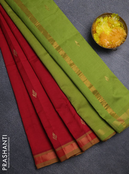 Semi silk cotton saree red and light green with allover zari woven buttas and zari woven border