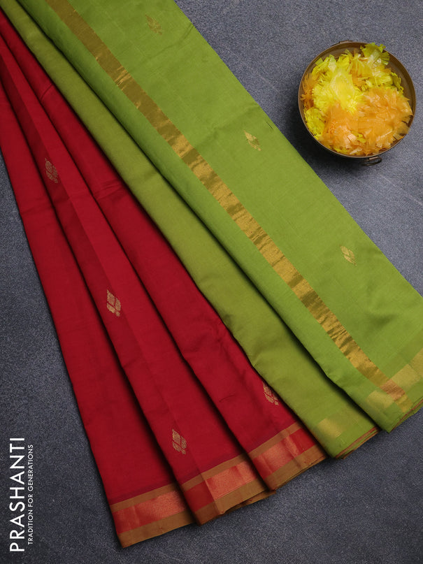 Semi silk cotton saree red and light green with allover zari woven buttas and zari woven border