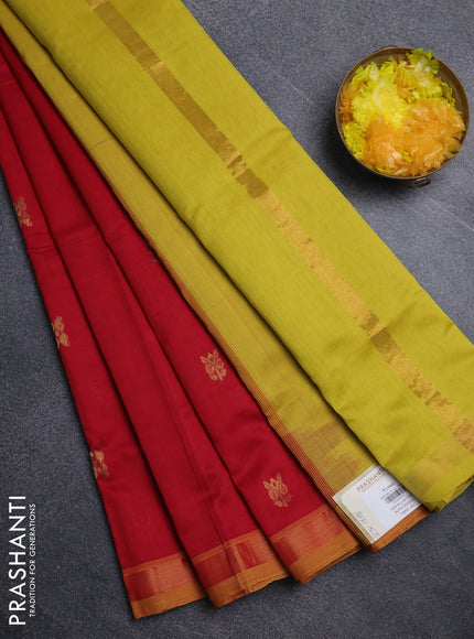 Semi silk cotton saree red and mustard yellow with allover zari woven buttas and zari woven border