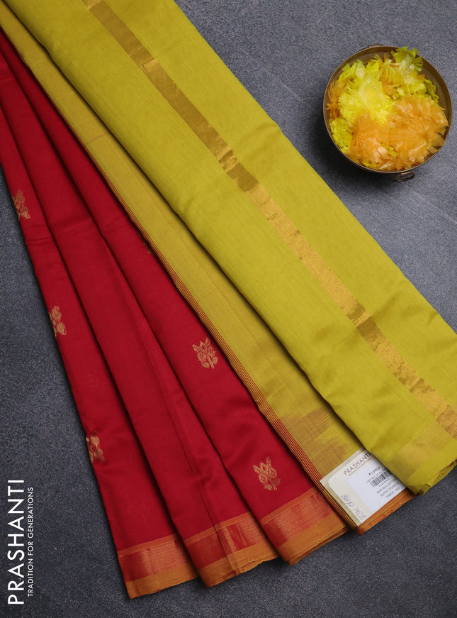 Semi silk cotton saree red and mustard yellow with allover zari woven buttas and zari woven border