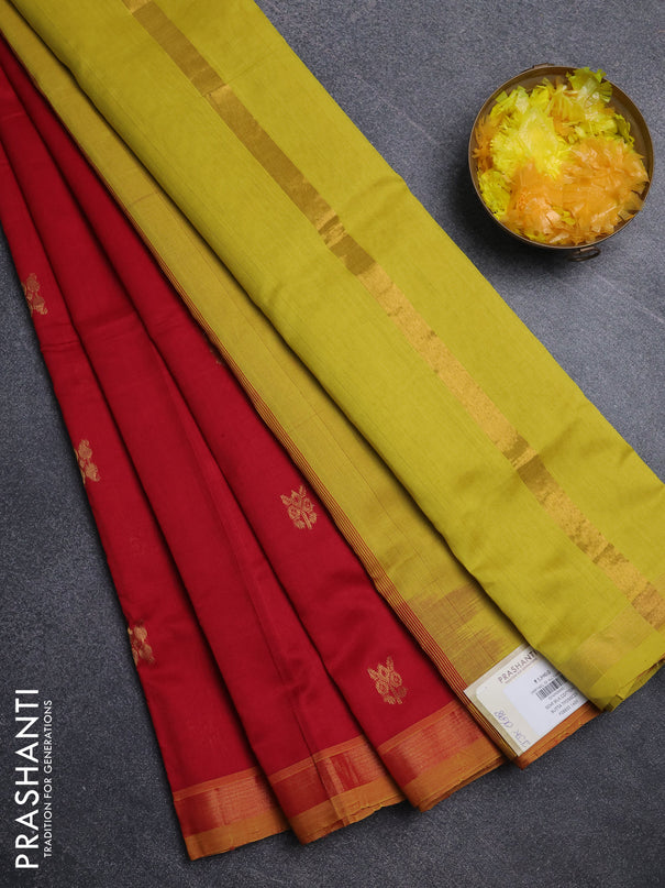 Semi silk cotton saree red and mustard yellow with allover zari woven buttas and zari woven border