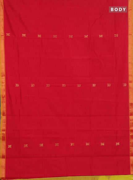 Semi silk cotton saree red and mustard yellow with allover zari woven buttas and zari woven border