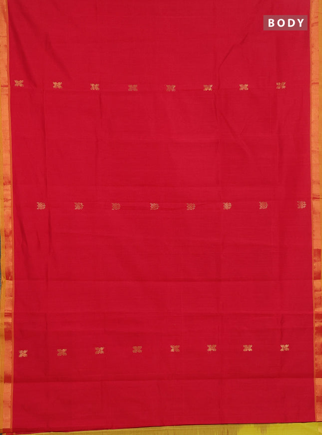 Semi silk cotton saree red and mustard yellow with allover zari woven buttas and zari woven border