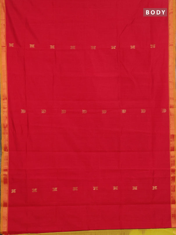 Semi silk cotton saree red and mustard yellow with allover zari woven buttas and zari woven border