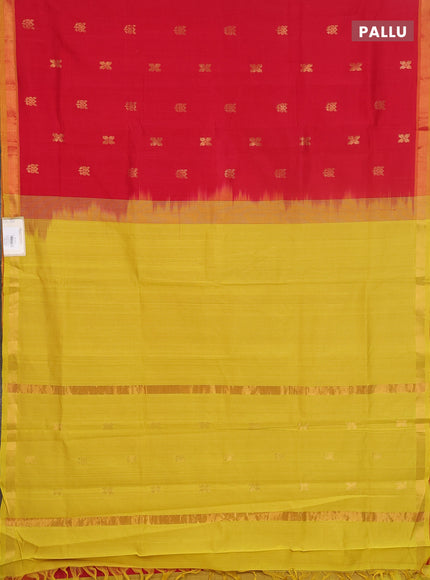 Semi silk cotton saree red and mustard yellow with allover zari woven buttas and zari woven border