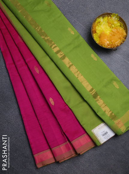 Semi silk cotton saree pink and light green with zari woven buttas and zari woven border