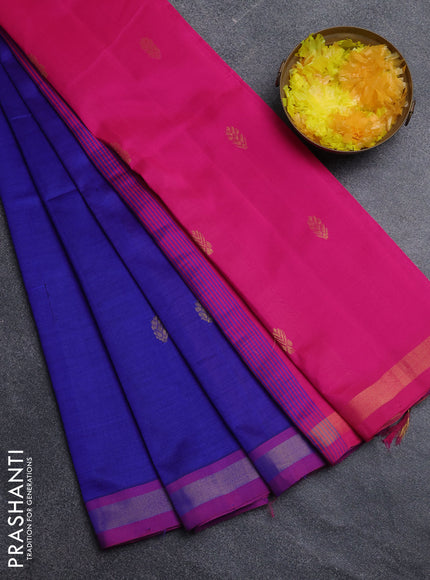 Semi silk cotton saree blue and pink with zari woven buttas and zari woven border