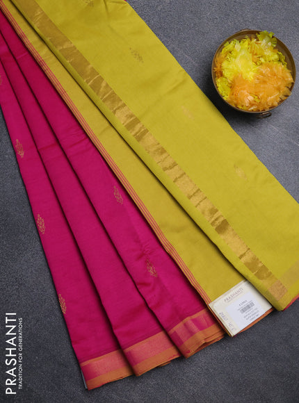 Semi silk cotton saree pink and yellow with zari woven buttas and zari woven border