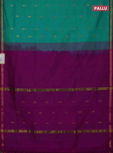 Semi silk cotton saree teal green and purple with zari woven buttas and zari woven border