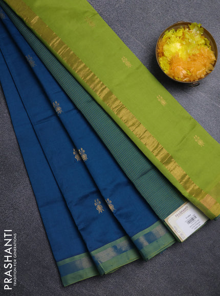 Semi silk cotton saree peacock blue and light green with zari woven buttas and zari woven border