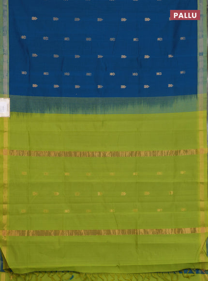 Semi silk cotton saree peacock blue and light green with zari woven buttas and zari woven border