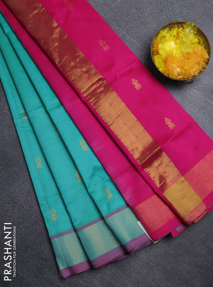 Semi silk cotton saree teal green and pink with zari woven buttas and zari woven border
