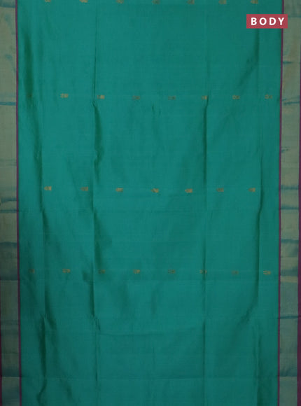 Semi silk cotton saree teal green and pink with zari woven buttas and zari woven border