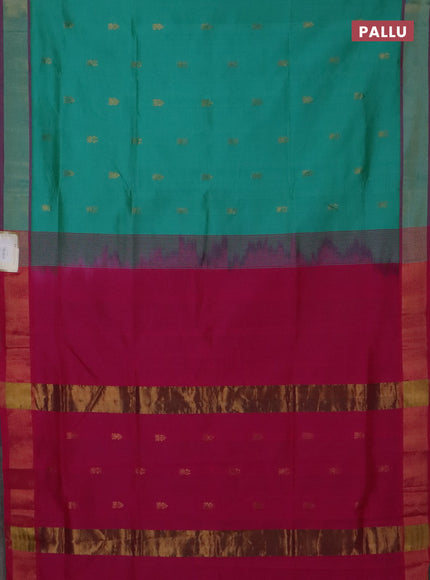 Semi silk cotton saree teal green and pink with zari woven buttas and zari woven border