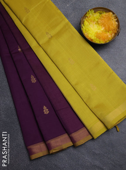 Semi silk cotton saree purple and yellow with allover zari woven buttas and zari woven border