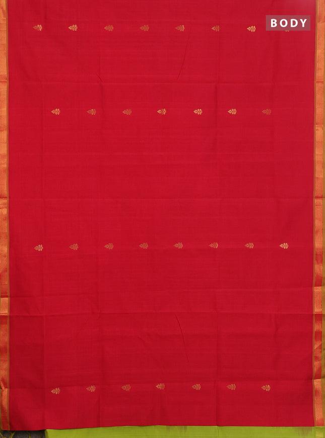 Semi silk cotton saree light green and red with allover zari woven buttas and zari woven border
