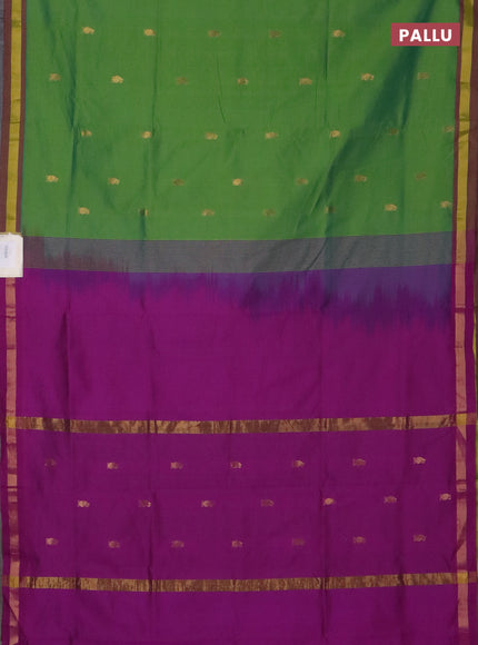 Semi silk cotton saree light green and purple with allover zari woven buttas and zari woven border