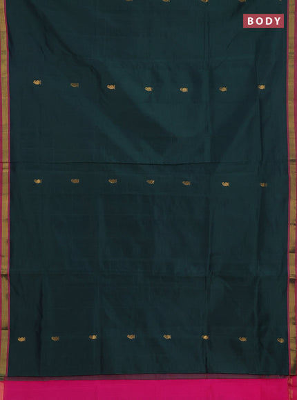 Semi silk cotton saree bottle green and pink with zari woven buttas and zari woven border