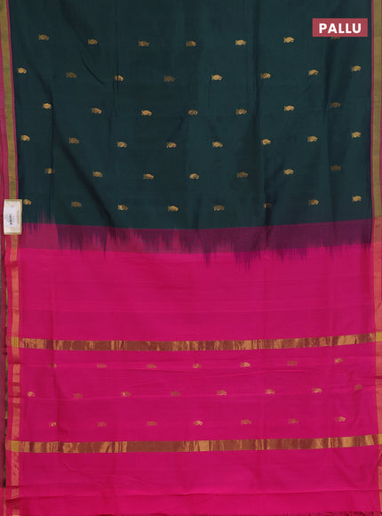 Semi silk cotton saree bottle green and pink with zari woven buttas and zari woven border