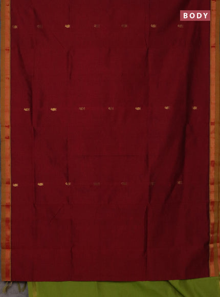 Semi silk cotton saree maroon and light green with zari woven buttas and zari woven border