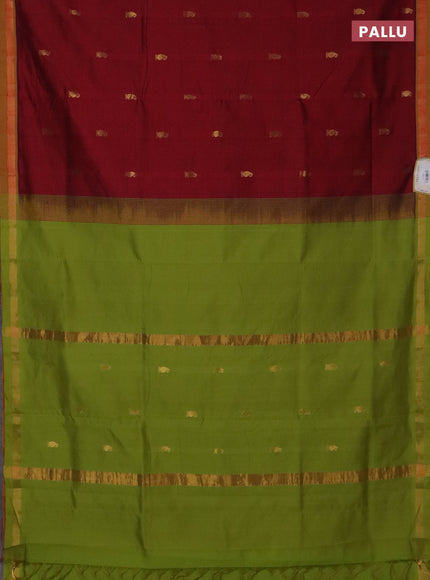Semi silk cotton saree maroon and light green with zari woven buttas and zari woven border