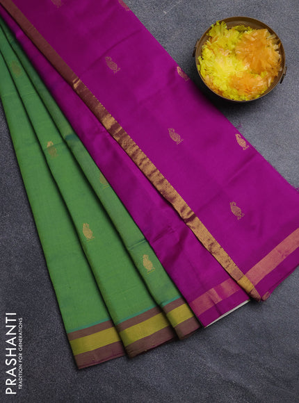 Semi silk cotton saree light green and pink with zari woven buttas and zari woven border