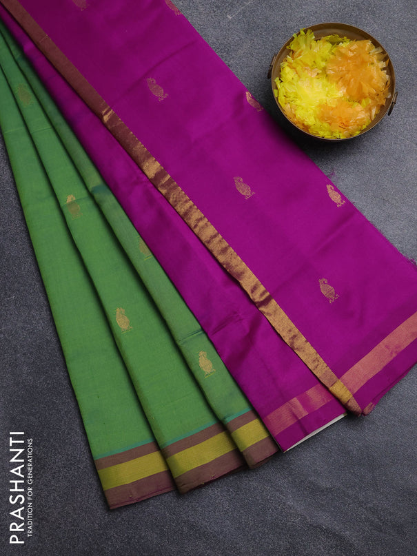 Semi silk cotton saree light green and pink with zari woven buttas and zari woven border