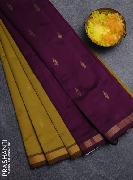 Semi silk cotton saree dark mustard and deep purple with zari woven buttas and zari woven border