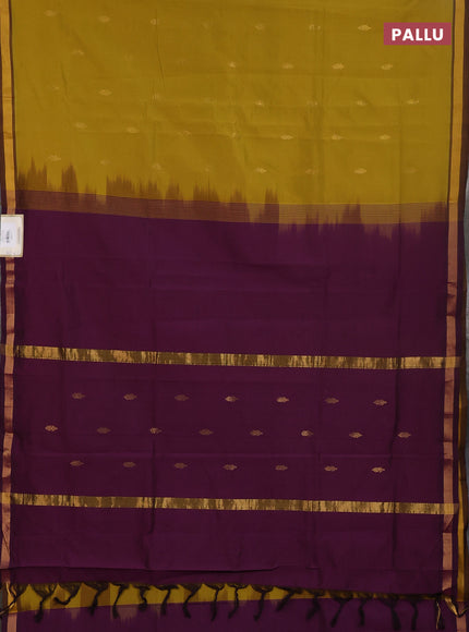 Semi silk cotton saree dark mustard and deep purple with zari woven buttas and zari woven border
