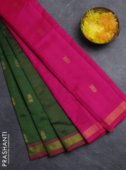 Semi silk cotton saree green and pink with zari woven buttas and zari woven border