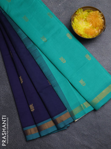 Semi silk cotton saree navy blue and teal green with zari woven buttas and zari woven border