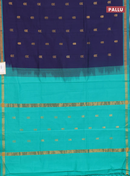 Semi silk cotton saree navy blue and teal green with zari woven buttas and zari woven border