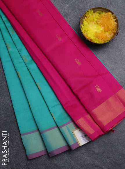 Semi silk cotton saree teal green and pink with zari woven buttas and zari woven border