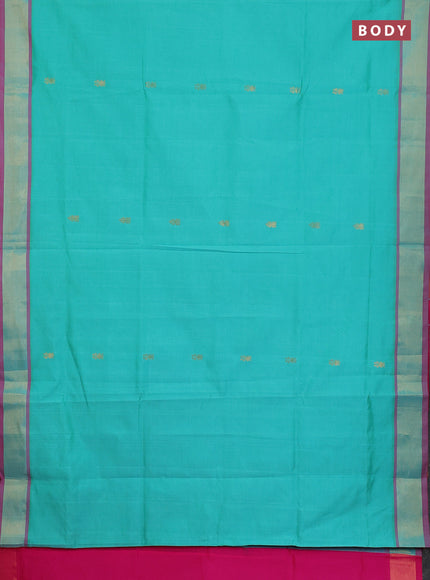 Semi silk cotton saree teal green and pink with zari woven buttas and zari woven border