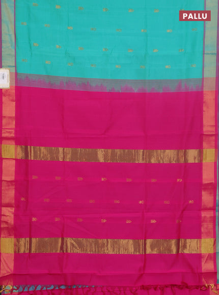 Semi silk cotton saree teal green and pink with zari woven buttas and zari woven border