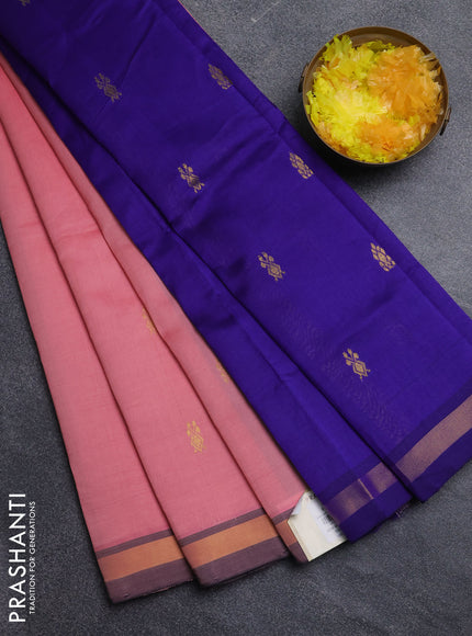 Semi silk cotton saree peach pink and blue with zari woven buttas and zari woven border