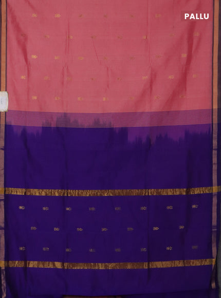 Semi silk cotton saree peach pink and blue with zari woven buttas and zari woven border