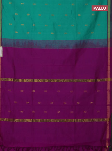 Semi silk cotton saree teal green and magenta pink with zari woven buttas and zari woven border