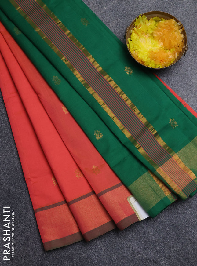 Semi silk cotton saree orange and green with zari woven buttas and zari woven border