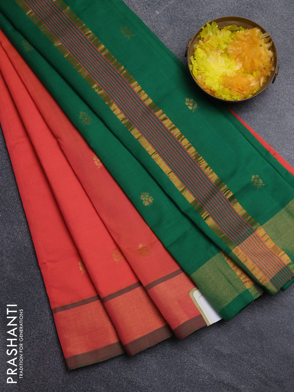 Semi silk cotton saree orange and green with zari woven buttas and zari woven border